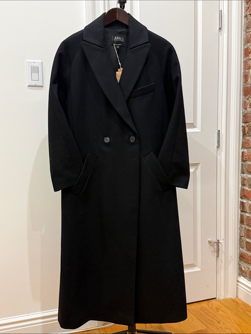 A.P.C. Black “Flora”Double-Breasted Long Wool Coat Size 34